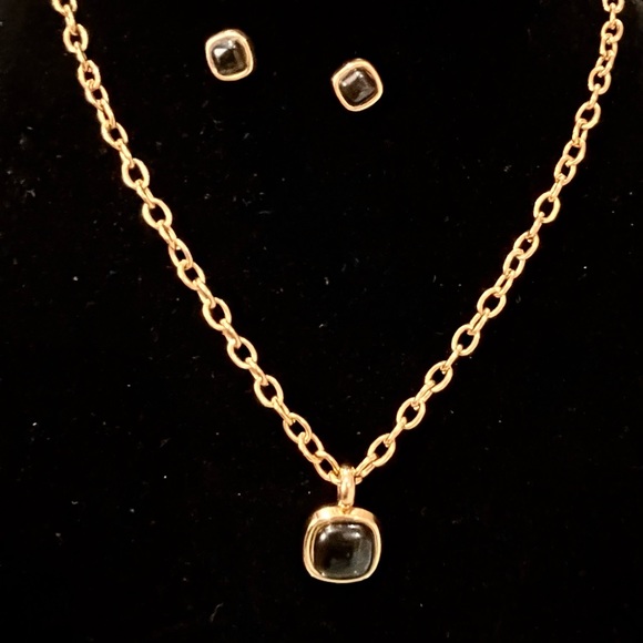 EDFORCE IP GOLD PLATED CHAIN BLACK PENDANT NECKLACE EARRINGS SET STAINLESS STEEL - Picture 9 of 11